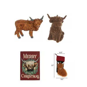 Highland Cow Merry Christmas 4pc Bundle (Stocking, Flag, 2 Tree Ornaments) New